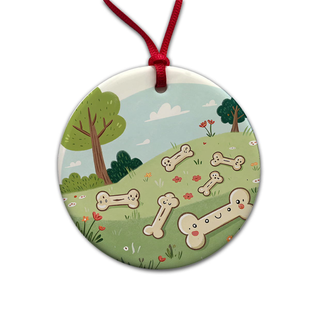 Kawaii Dog Bones Round Ceramic Holiday Christmas Tree Ornament