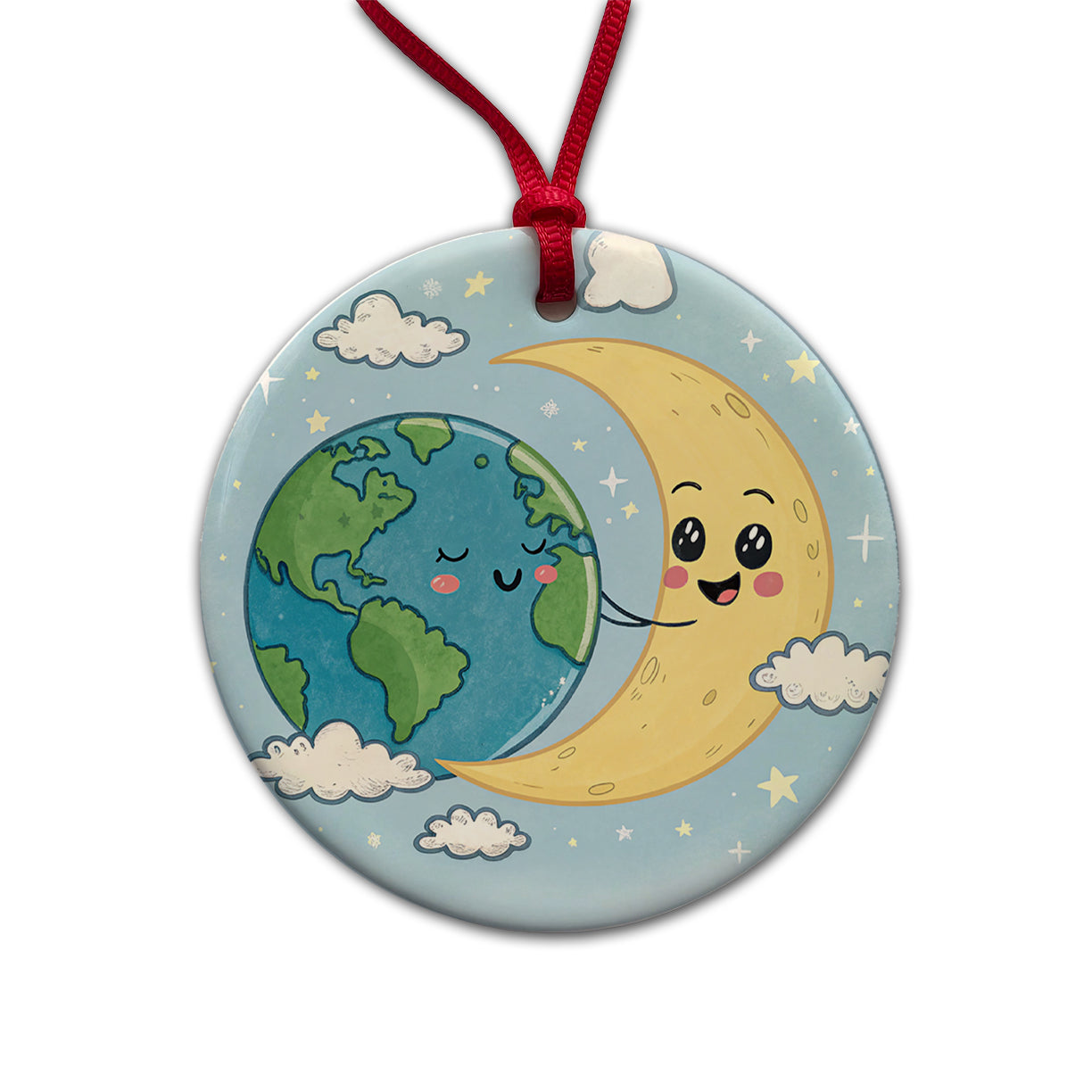 Kawaii Earth And Crescent Moon Round Ceramic Holiday Christmas Tree Ornament