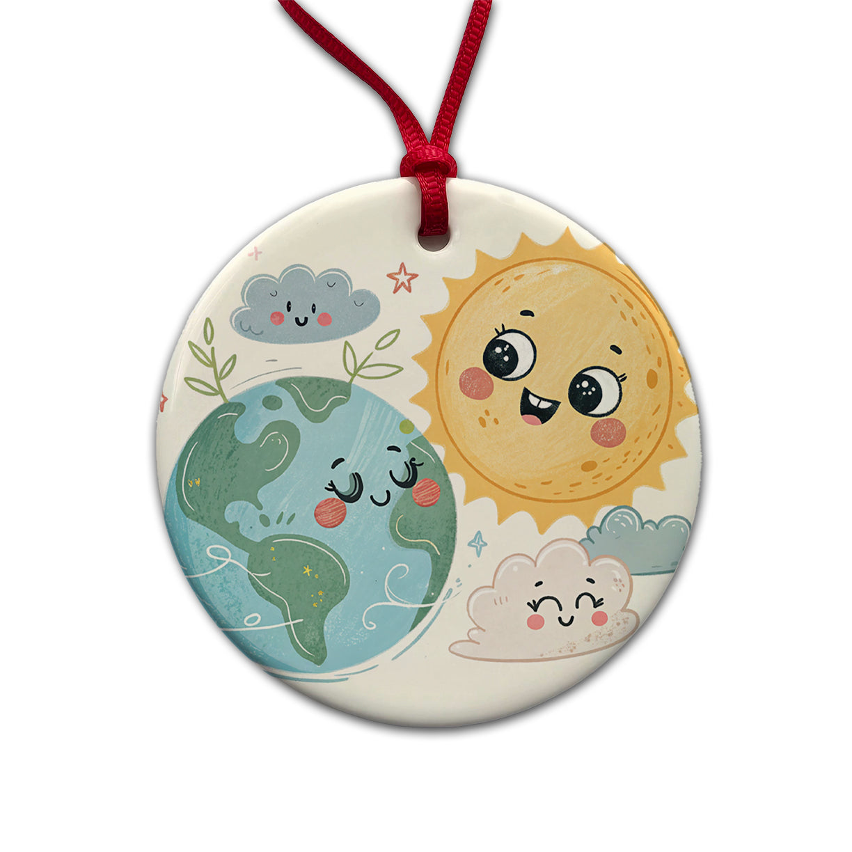 Kawaii Earth And Sun Round Ceramic Holiday Christmas Tree Ornament