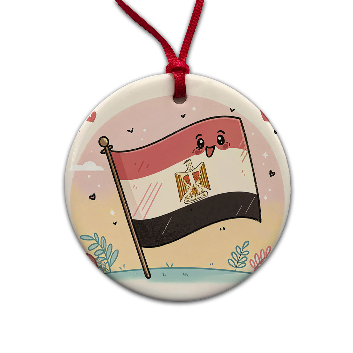 Kawaii Egypt Flag Round Ceramic Holiday Christmas Tree Ornament