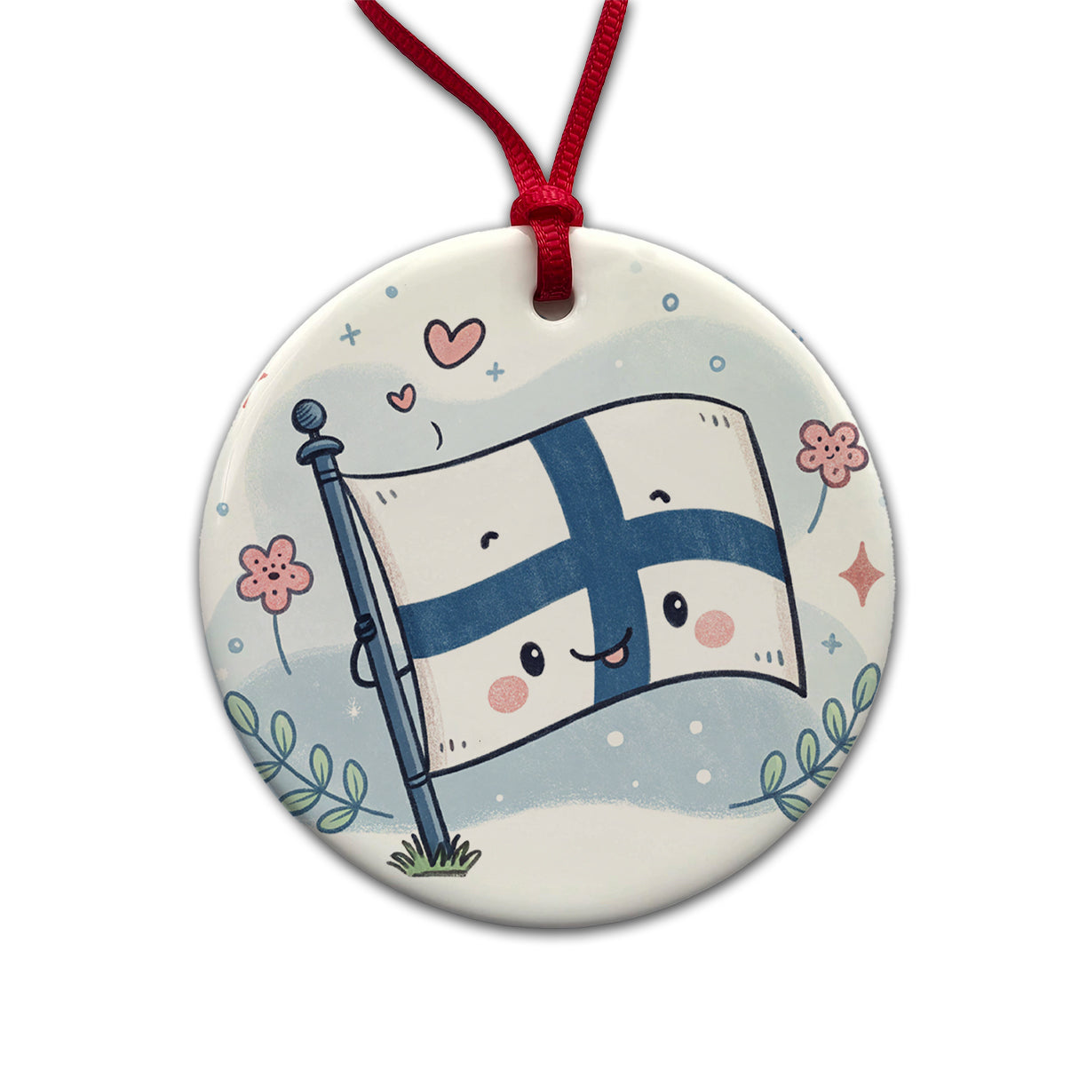 Kawaii Finland Flag Round Ceramic Holiday Christmas Tree Ornament