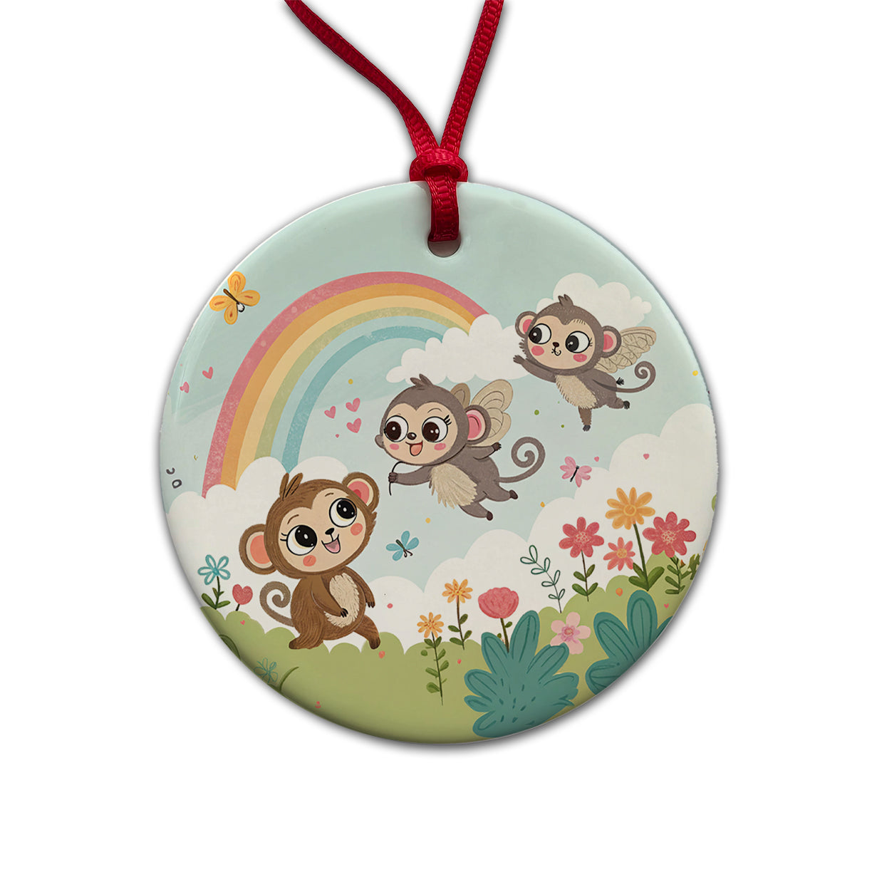 Kawaii Flying Monkeys Round Ceramic Holiday Christmas Tree Ornament
