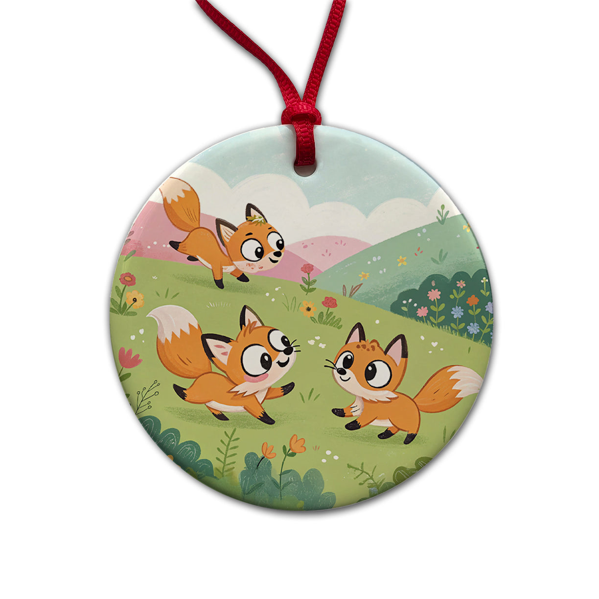 Kawaii Foxes Round Ceramic Holiday Christmas Tree Ornament