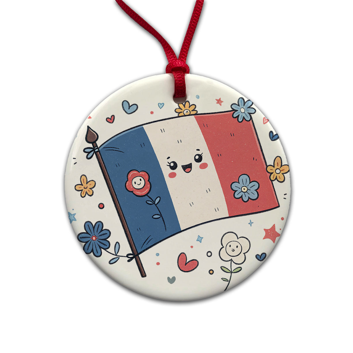 Kawaii France Flag Round Ceramic Holiday Christmas Tree Ornament