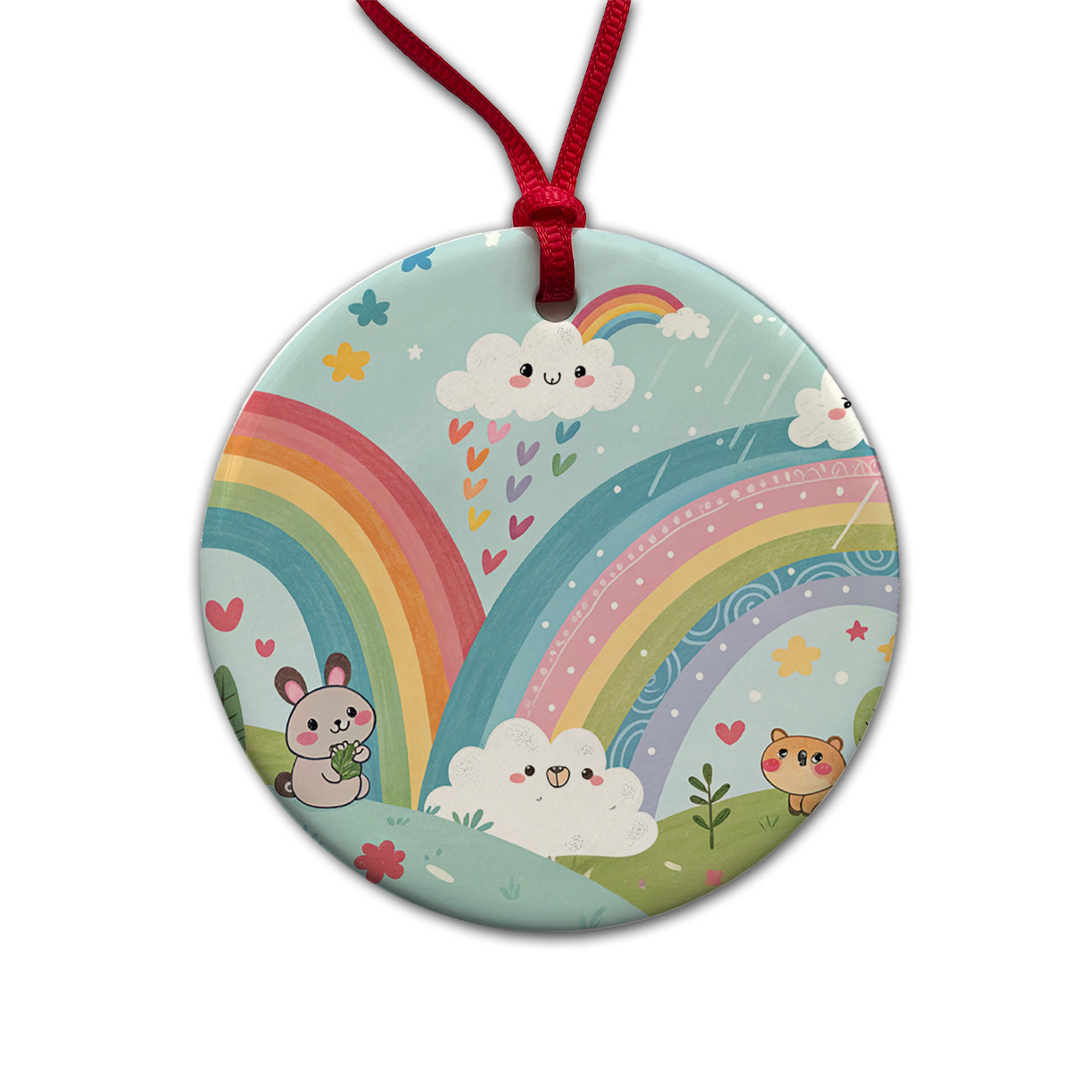 Kawaii Fun Rainbows Round Ceramic Holiday Christmas Tree Ornament