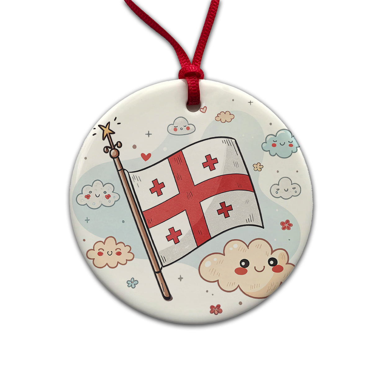 Kawaii Georgia Flag Round Ceramic Holiday Christmas Tree Ornament