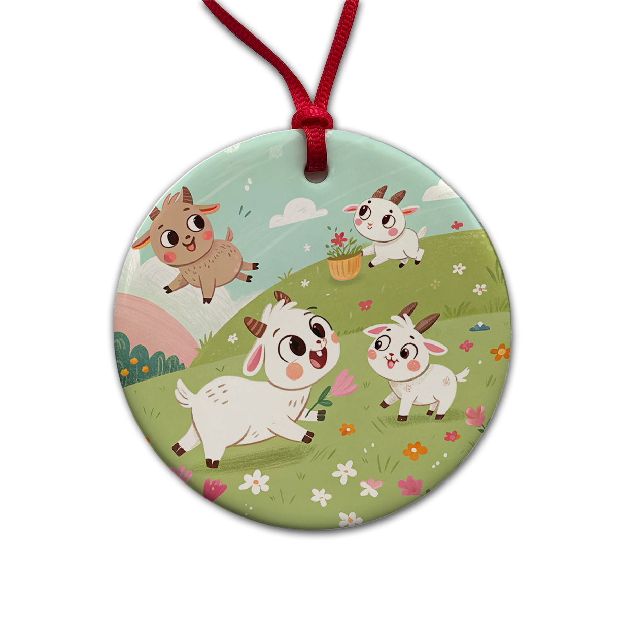 Kawaii Goats Round Ceramic Holiday Christmas Tree Ornament