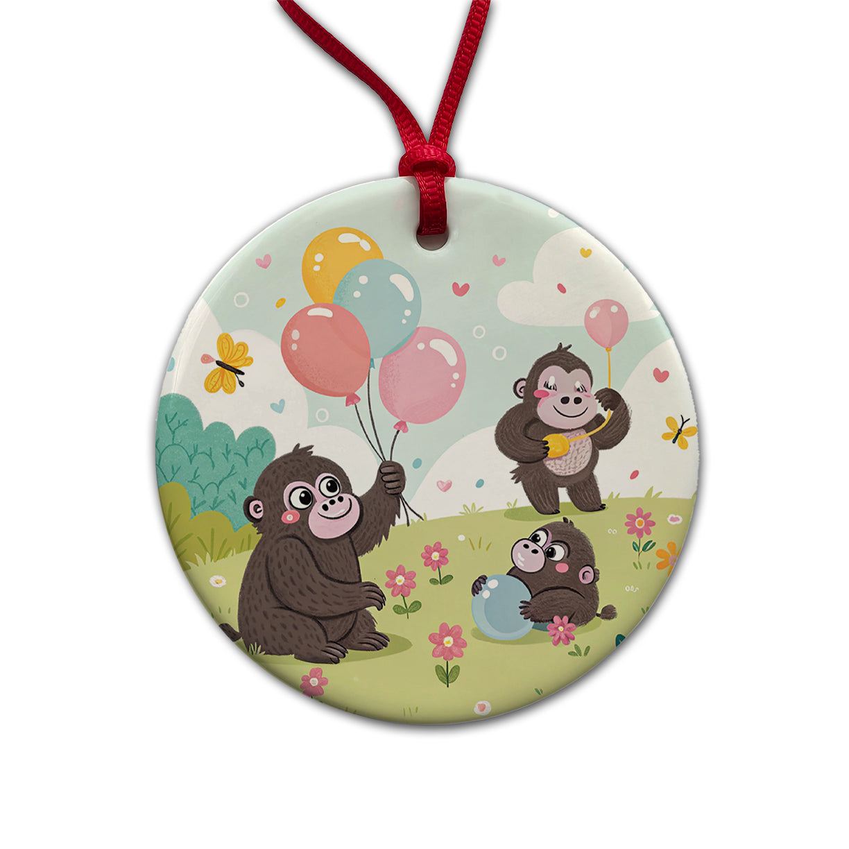 Kawaii Gorillas Round Ceramic Holiday Christmas Tree Ornament