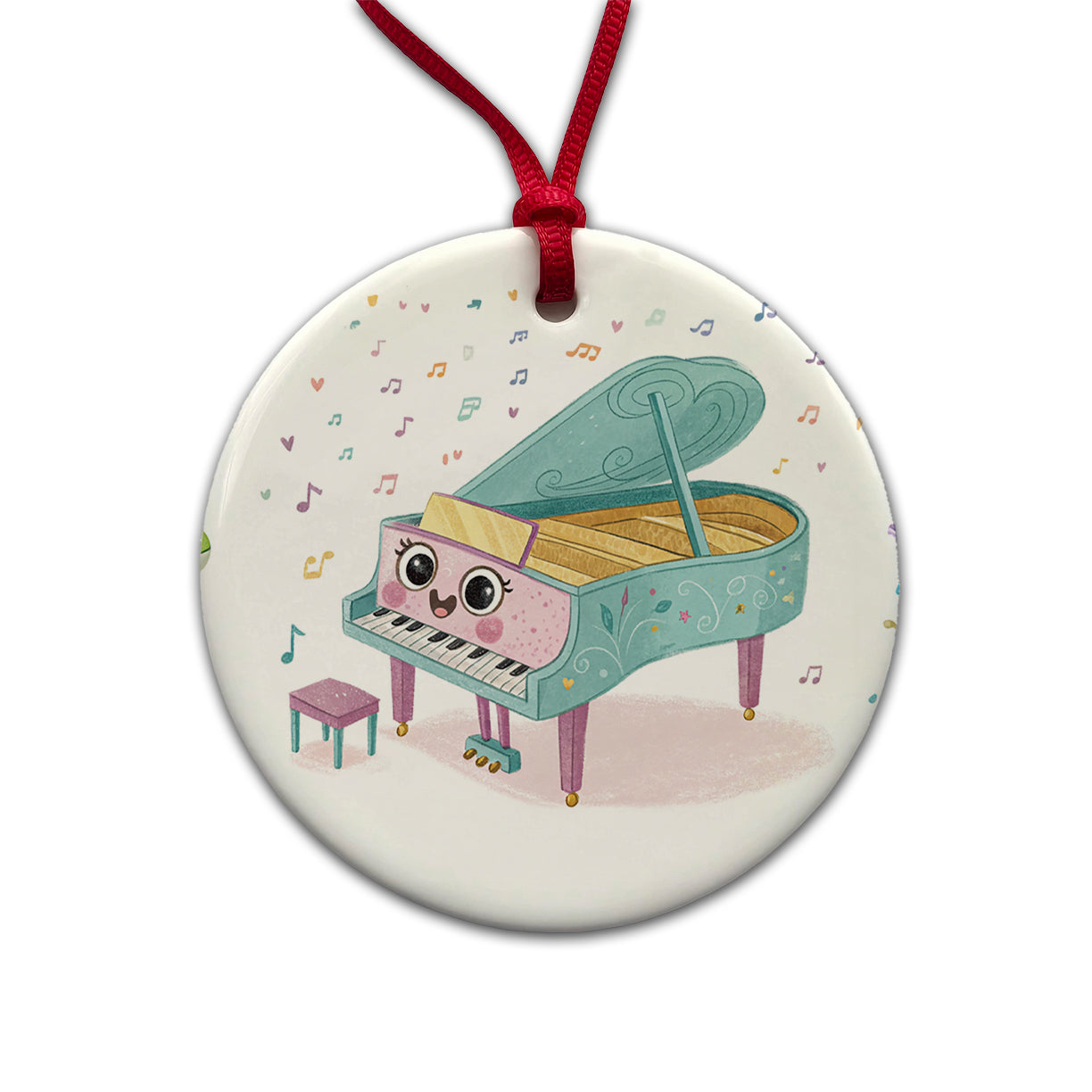 Kawaii Grand Piano Music Round Ceramic Holiday Christmas Tree Ornament