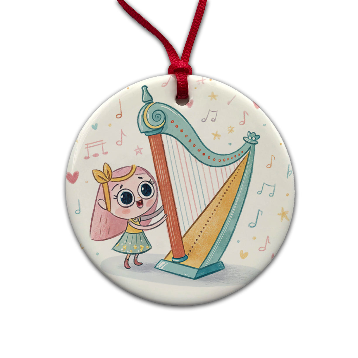 Kawaii Harp Music Round Ceramic Holiday Christmas Tree Ornament