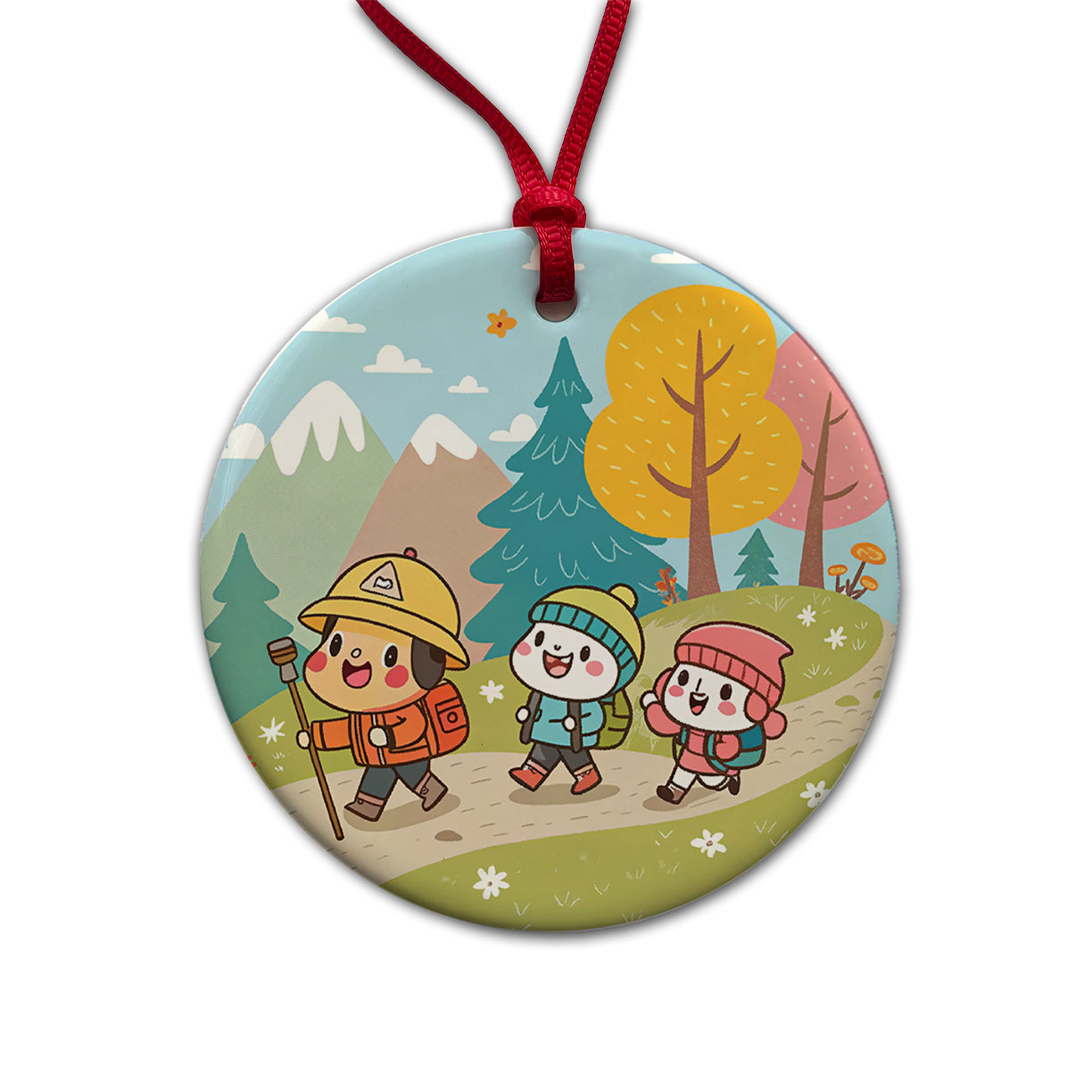 Kawaii Hiking Hikers Round Ceramic Holiday Christmas Tree Ornament