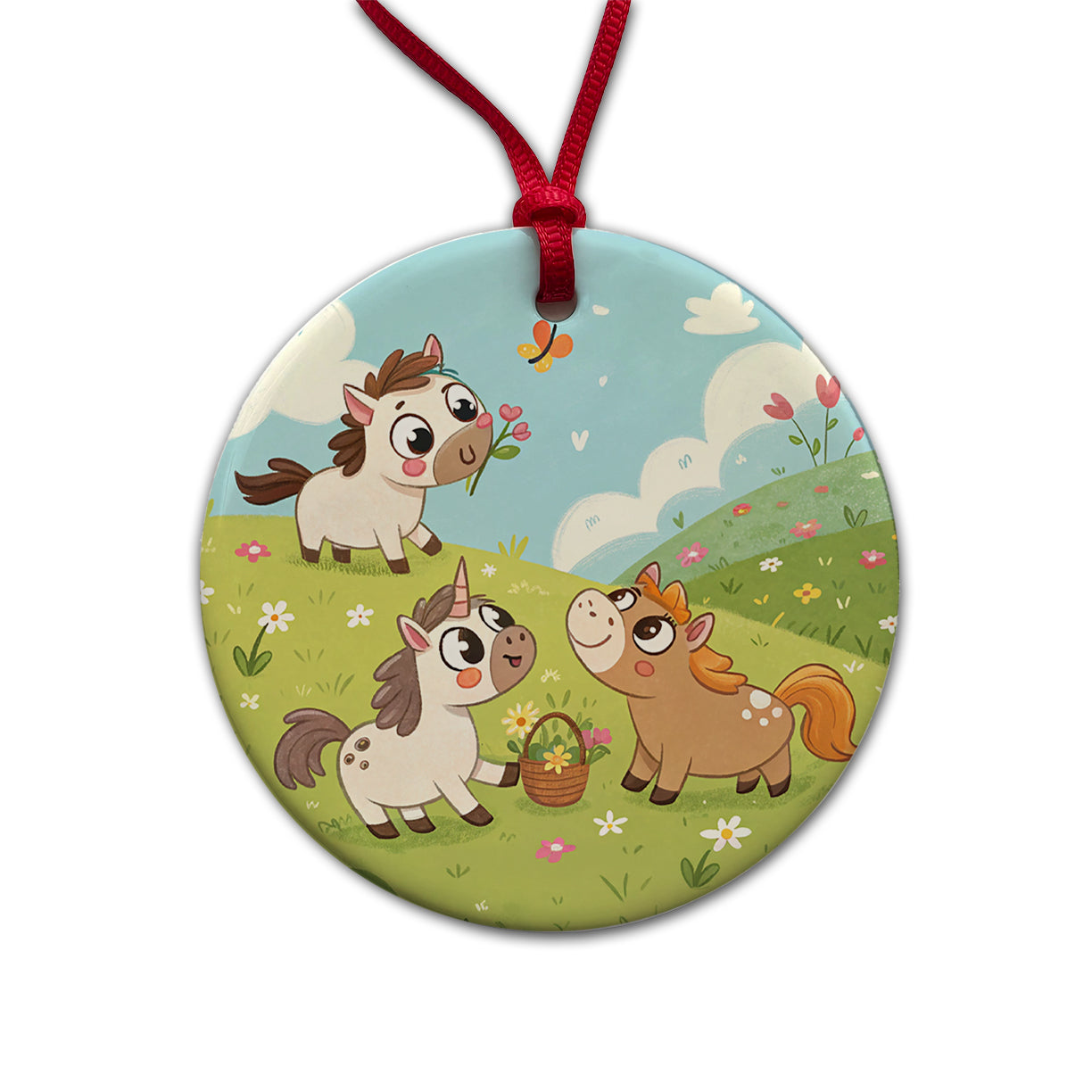Kawaii Horses Playing Round Ceramic Holiday Christmas Tree Ornament