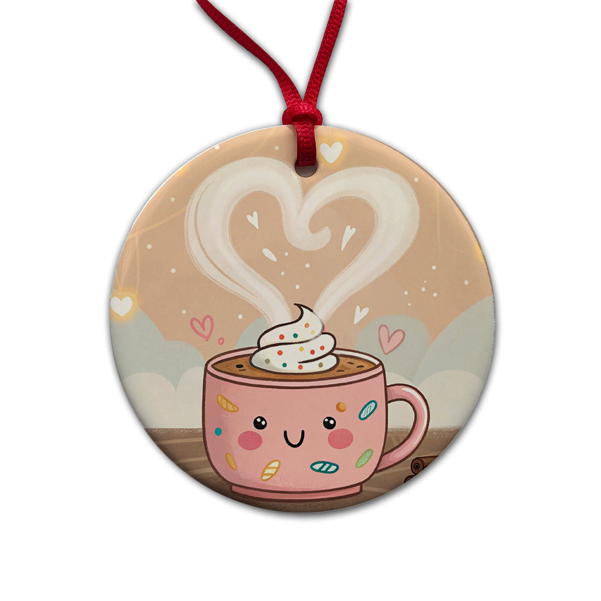 Kawaii Hot Cocoa Chocolate Round Ceramic Holiday Christmas Tree Ornament