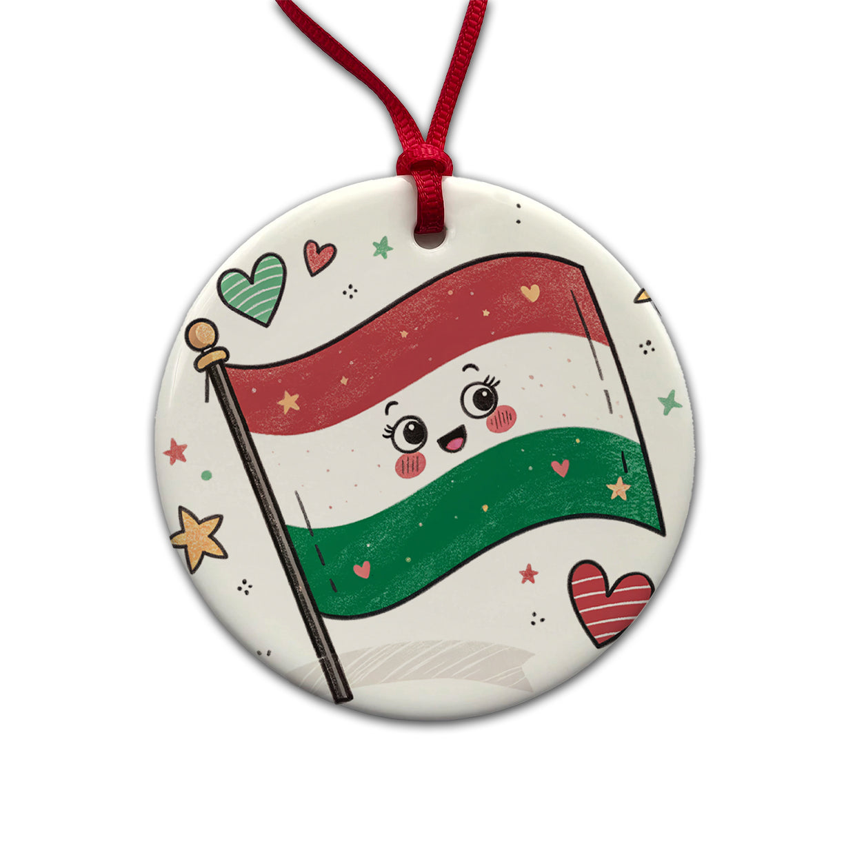 Kawaii Hungary Flag Round Ceramic Holiday Christmas Tree Ornament