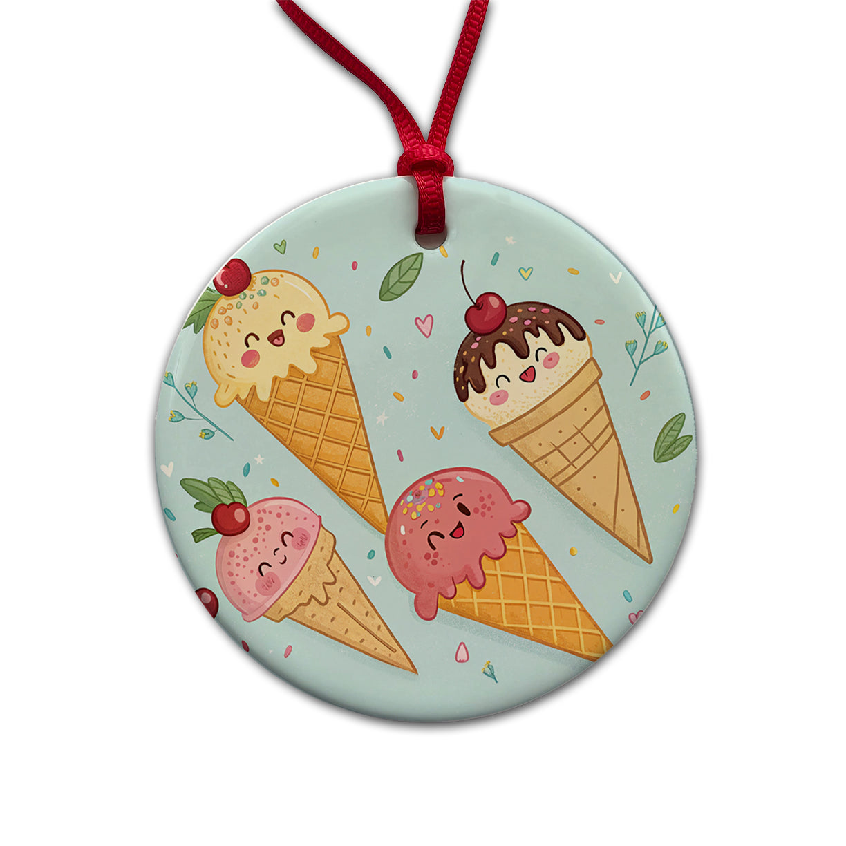 Kawaii Ice Cream Cones Round Ceramic Holiday Christmas Tree Ornament