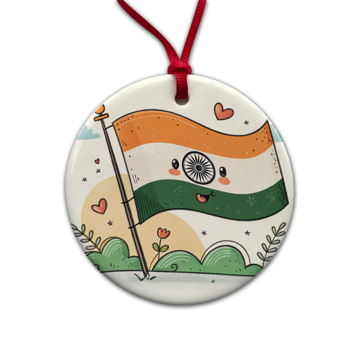 Kawaii India Flag Round Ceramic Holiday Christmas Tree Ornament