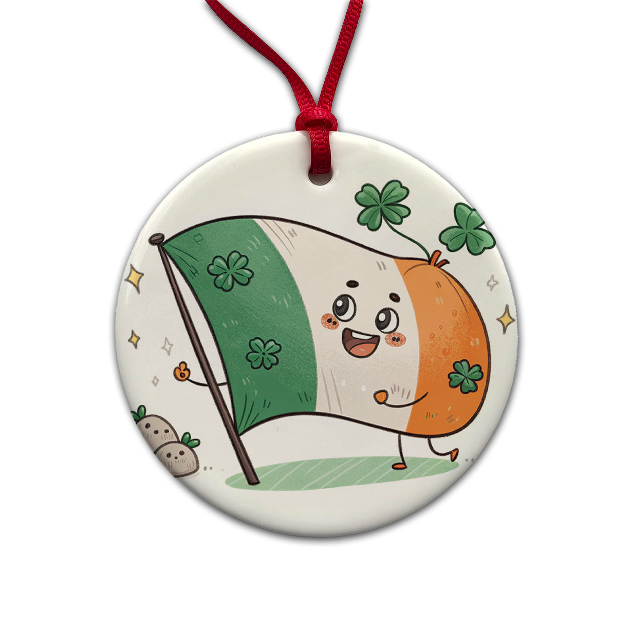 Kawaii Ireland Flag Round Ceramic Holiday Christmas Tree Ornament
