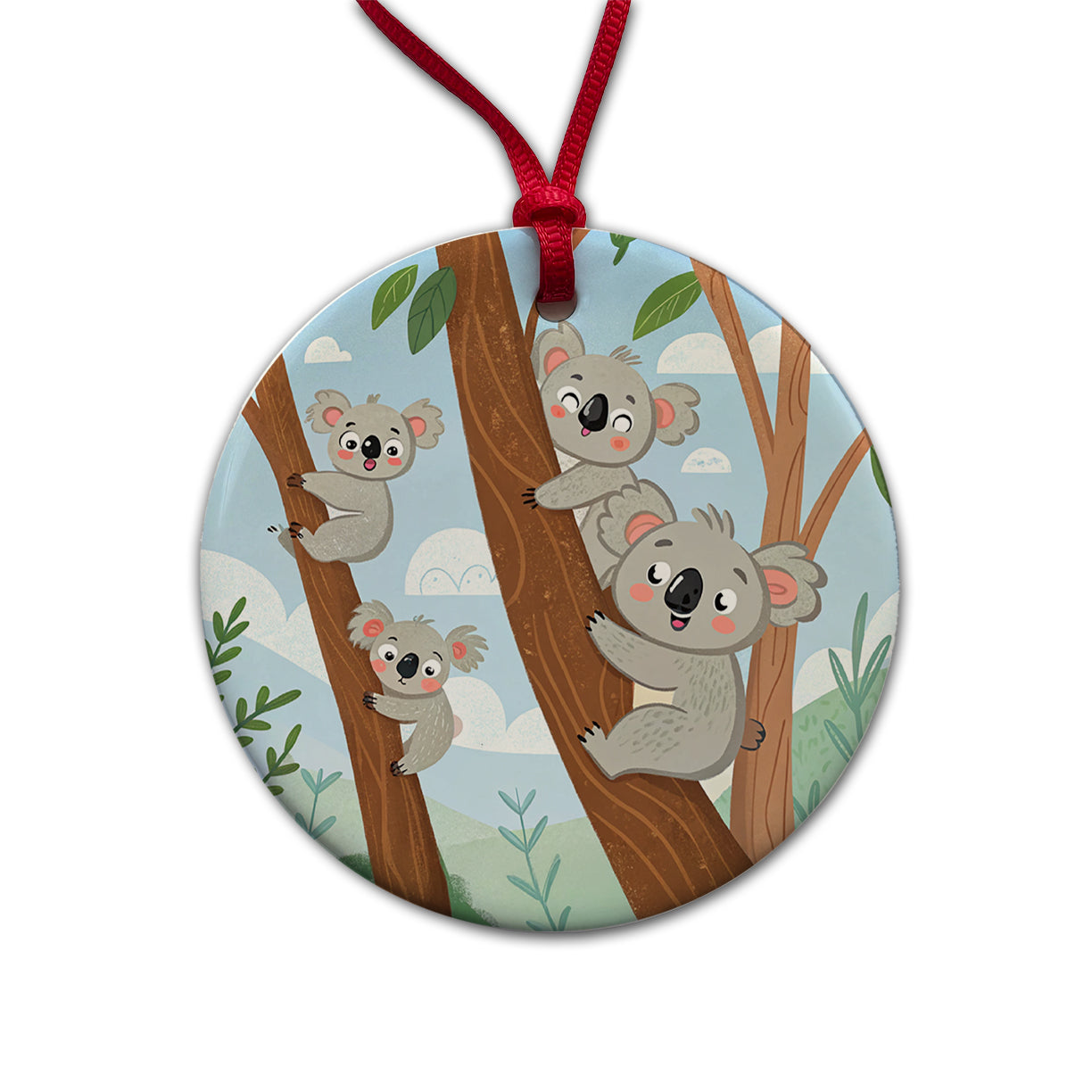 Kawaii Koala Bears Climbing Trees Round Ceramic Holiday Christmas Tree Ornament