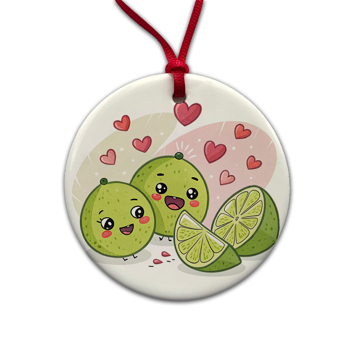 Kawaii Limes And Hearts Round Ceramic Holiday Christmas Tree Ornament