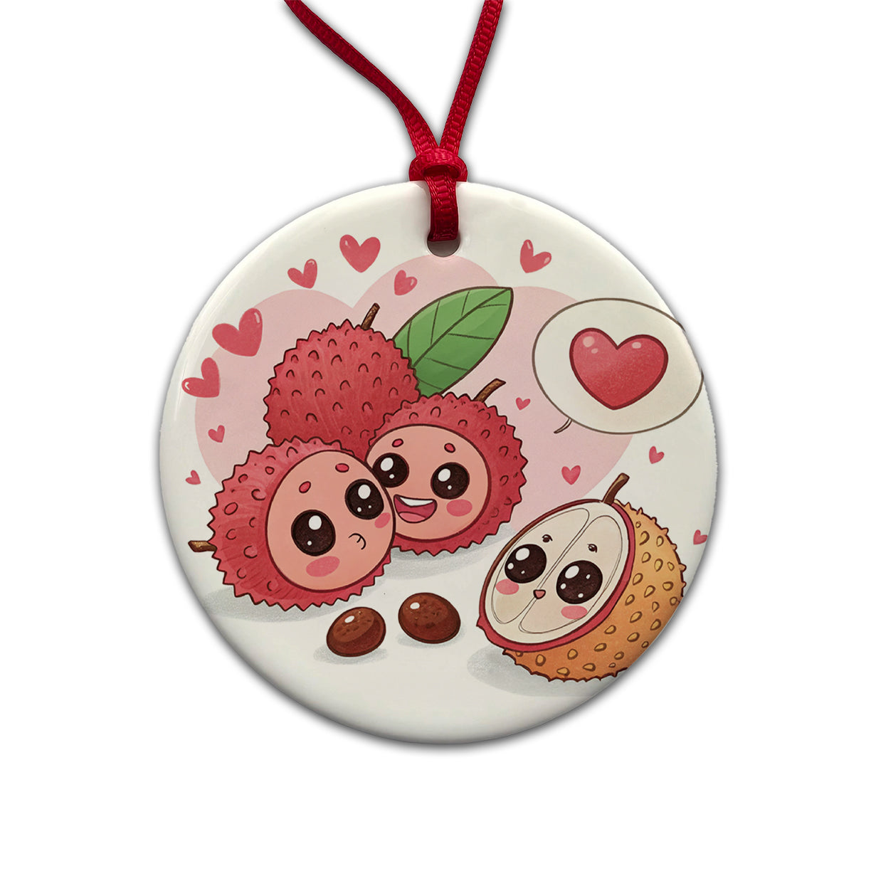 Kawaii Lychees And Hearts Round Ceramic Holiday Christmas Tree Ornament