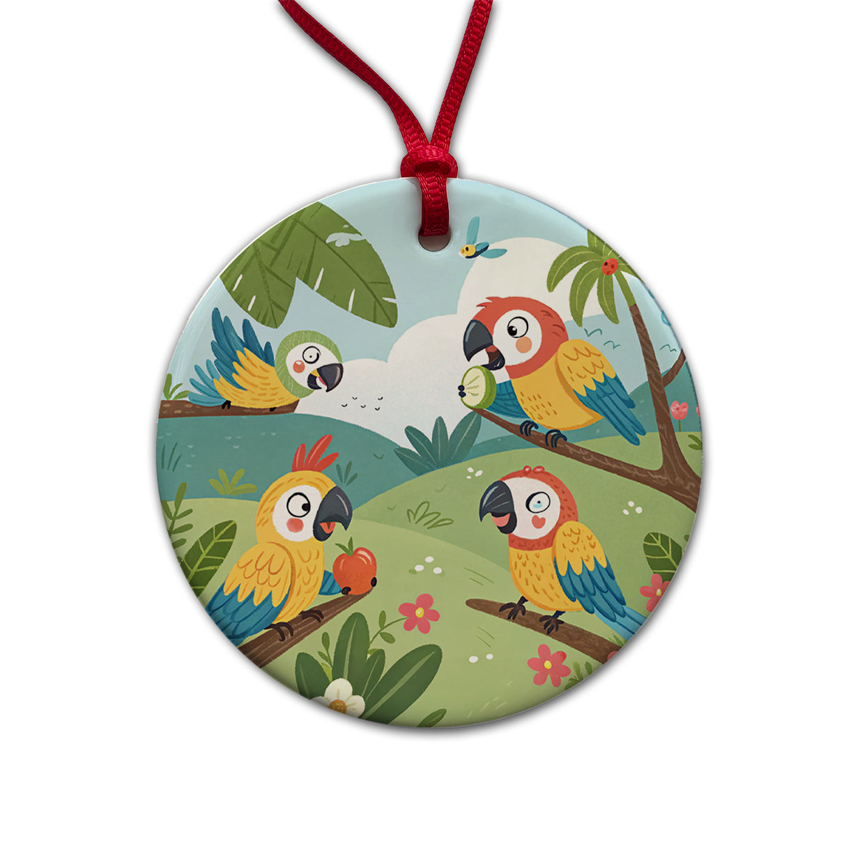 Kawaii Macaw Parrots Round Ceramic Holiday Christmas Tree Ornament