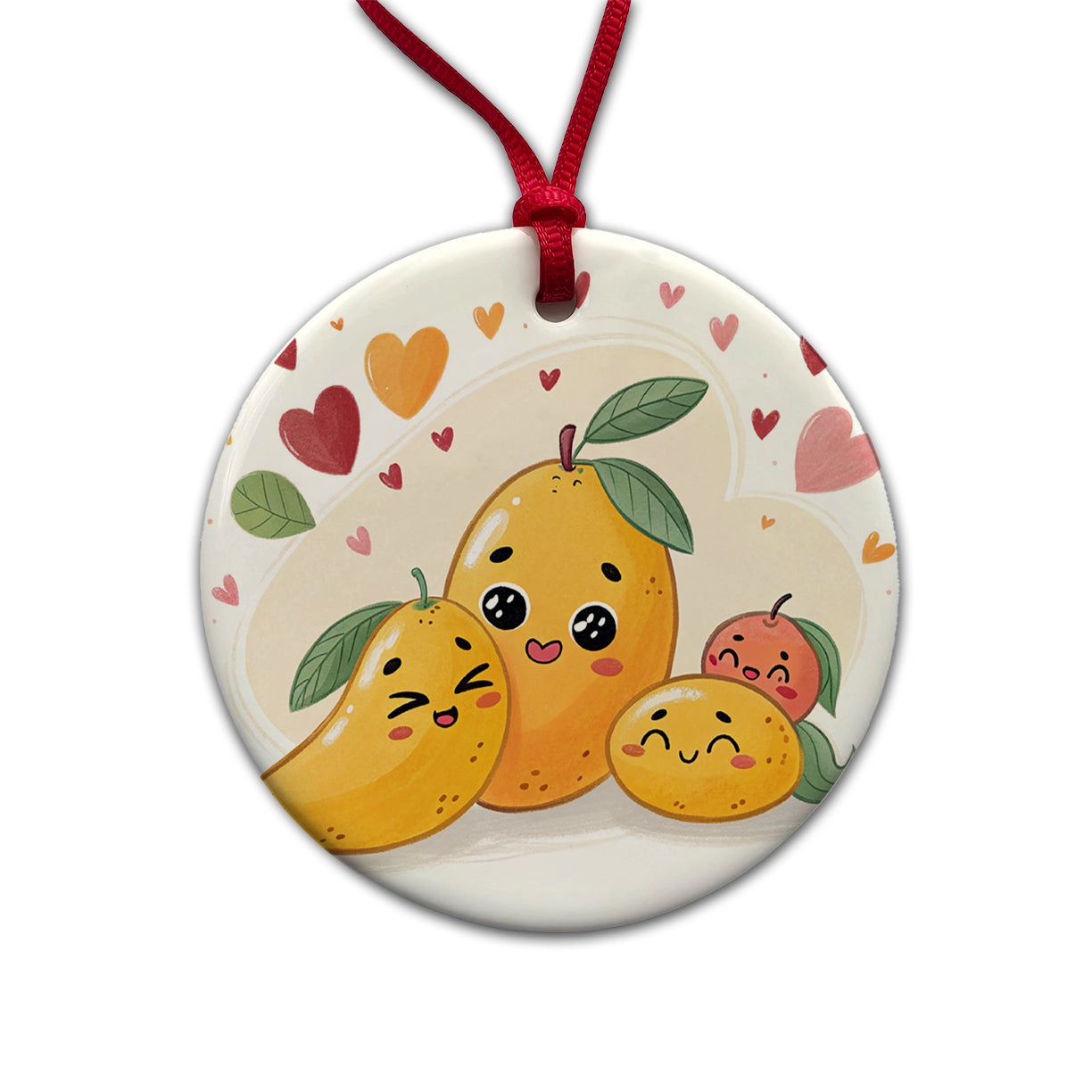 Kawaii Mangos And Hearts Round Ceramic Holiday Christmas Tree Ornament