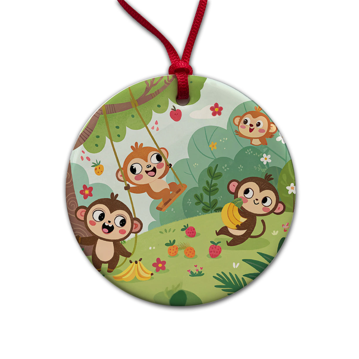 Kawaii Monkeys Round Ceramic Holiday Christmas Tree Ornament