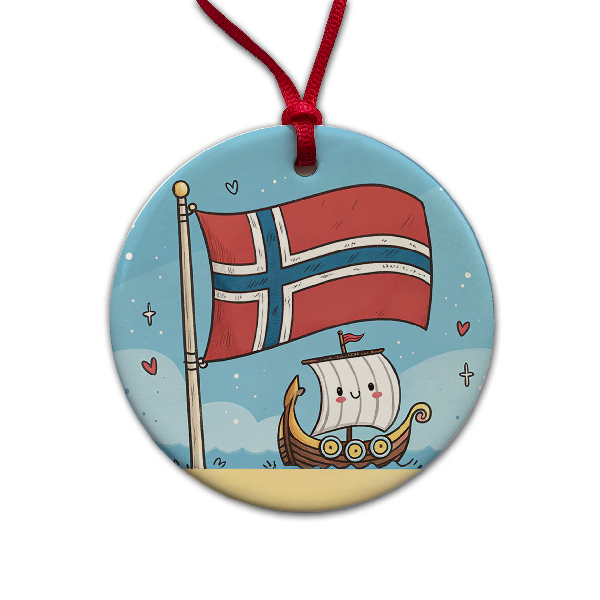 Kawaii Norway Flag Round Ceramic Holiday Christmas Tree Ornament
