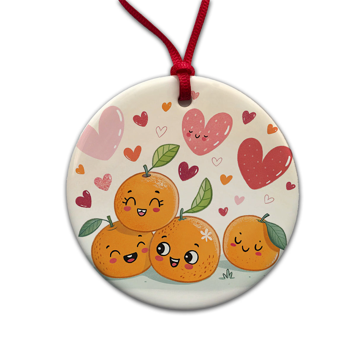 Kawaii Oranges And Hearts Round Ceramic Holiday Christmas Tree Ornament