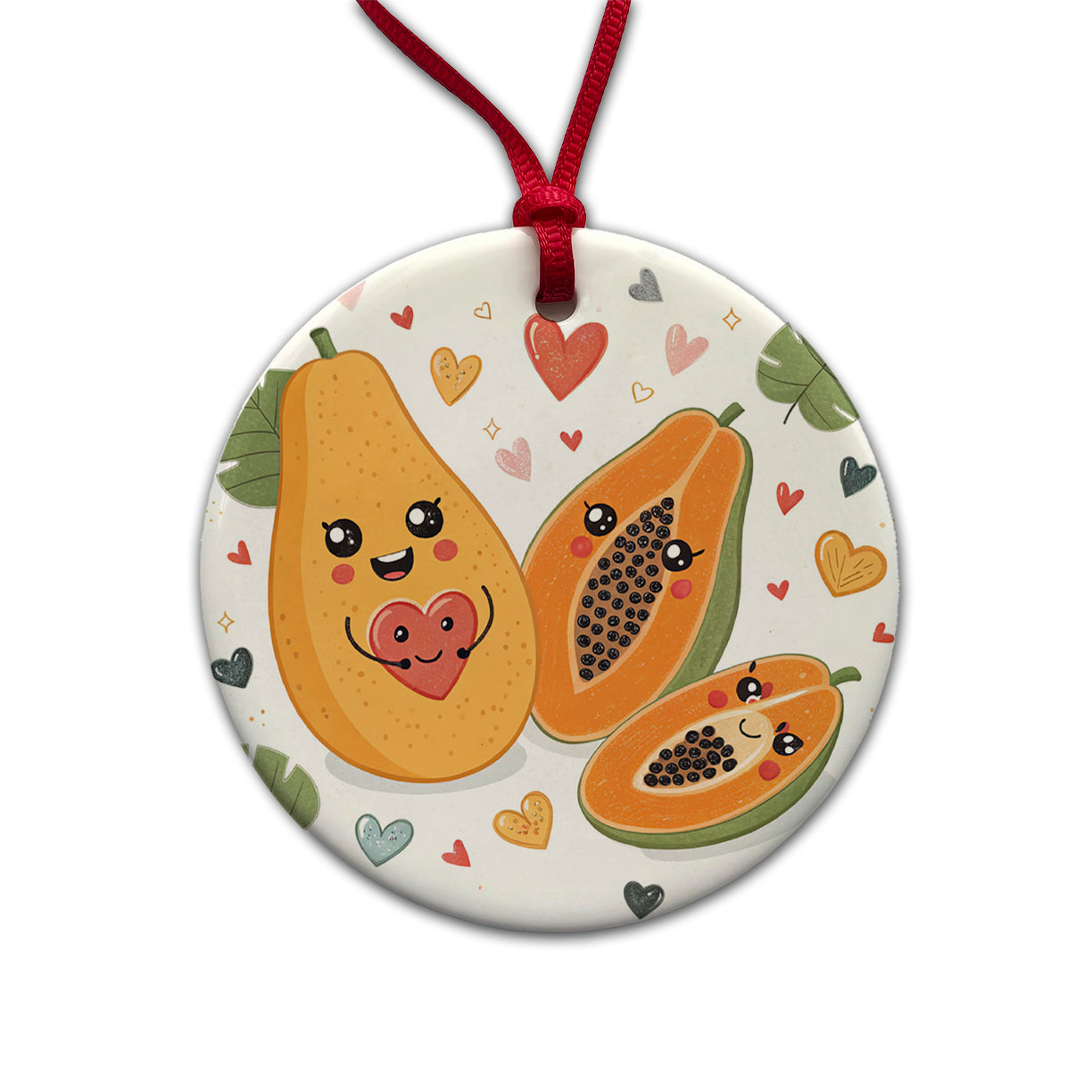 Kawaii Papayas And Hearts Round Ceramic Holiday Christmas Tree Ornament