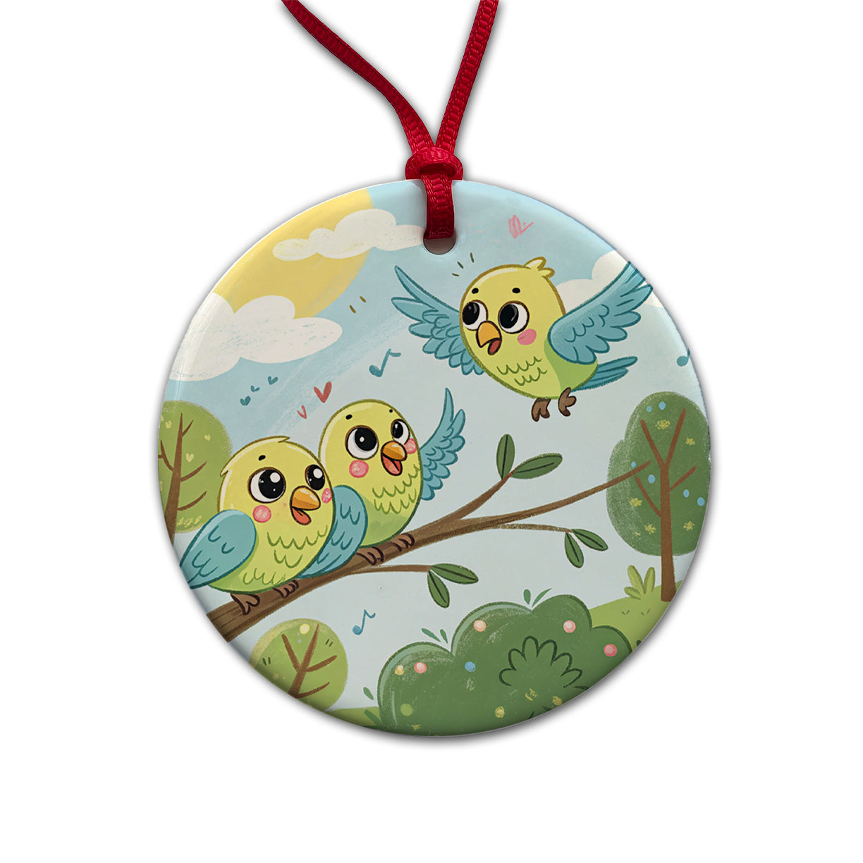 Kawaii Parakeets Round Ceramic Holiday Christmas Tree Ornament