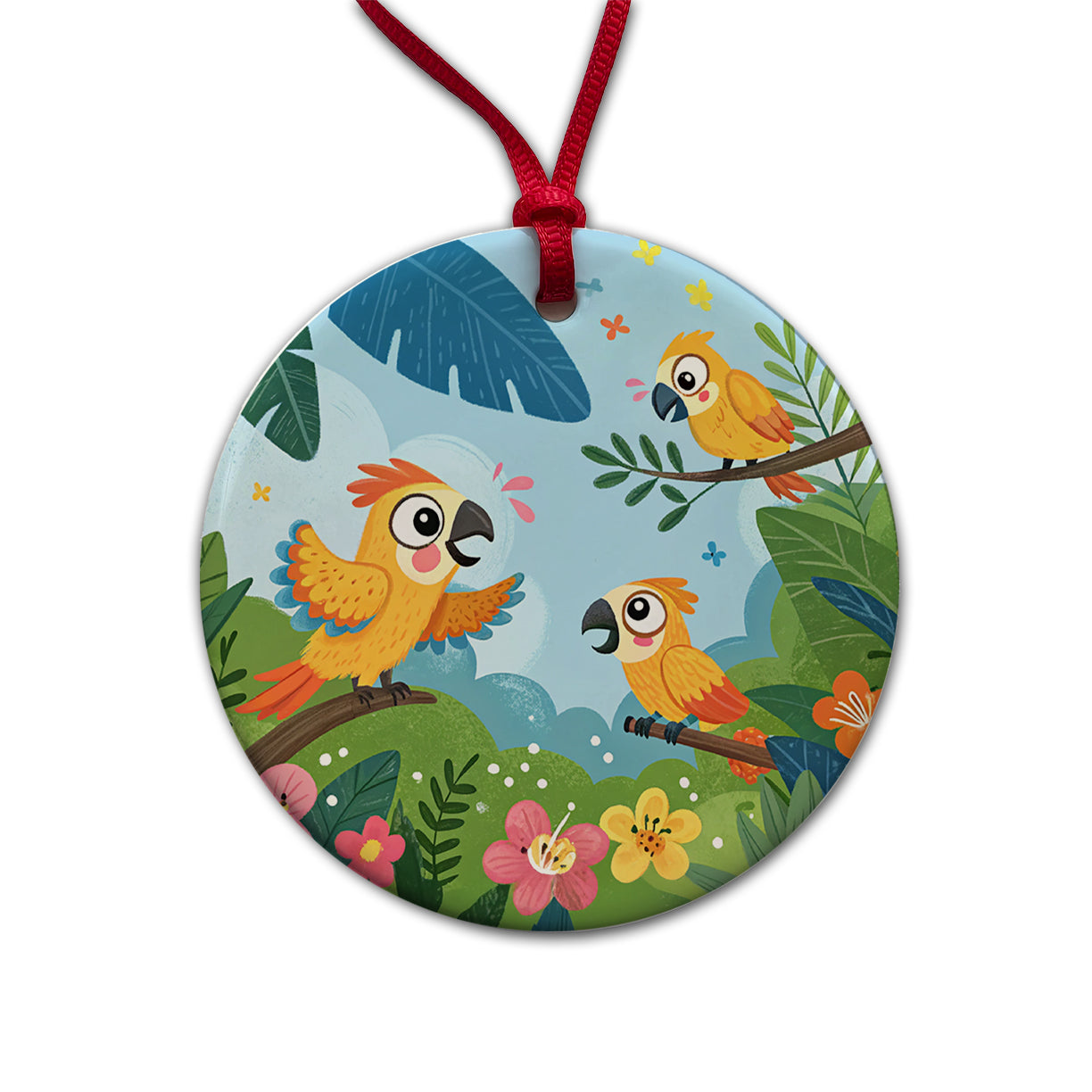 Kawaii Parrots Round Ceramic Holiday Christmas Tree Ornament
