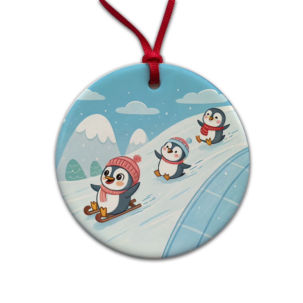 Kawaii Penguins Sledding Snow Round Ceramic Holiday Christmas Tree Ornament