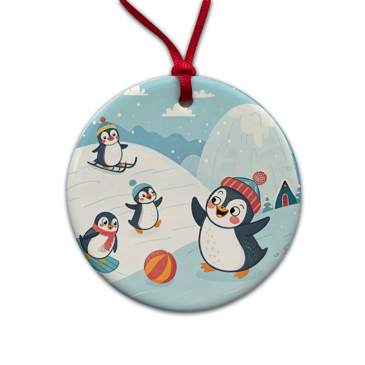 Kawaii Penguins Round Ceramic Holiday Christmas Tree Ornament
