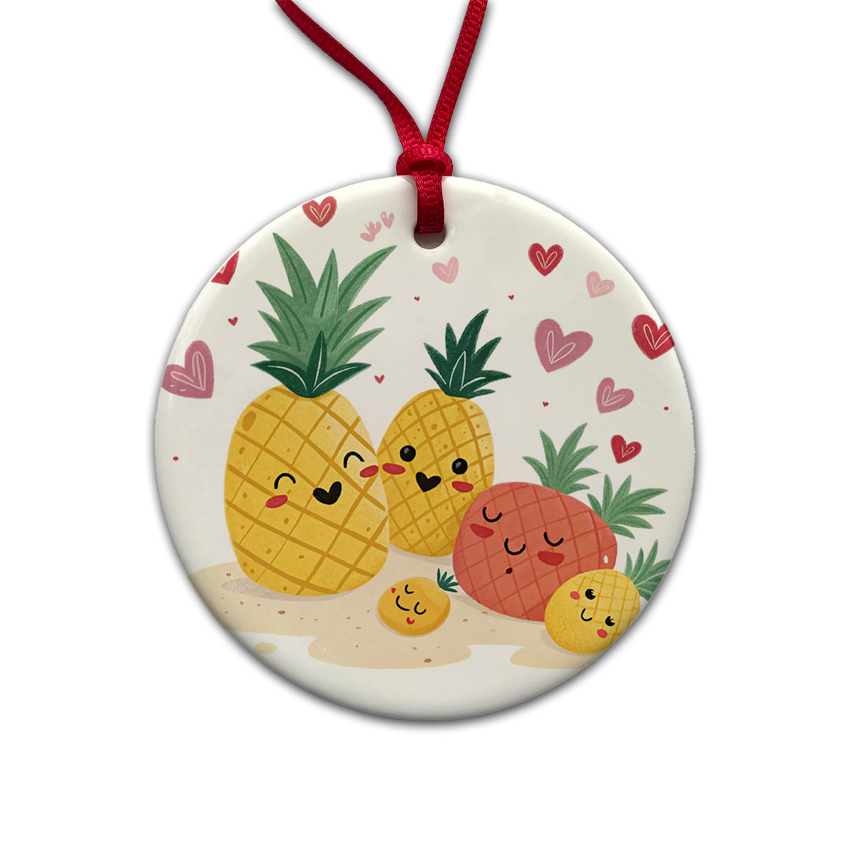 Kawaii Pineapples And Hearts Round Ceramic Holiday Christmas Tree Ornament