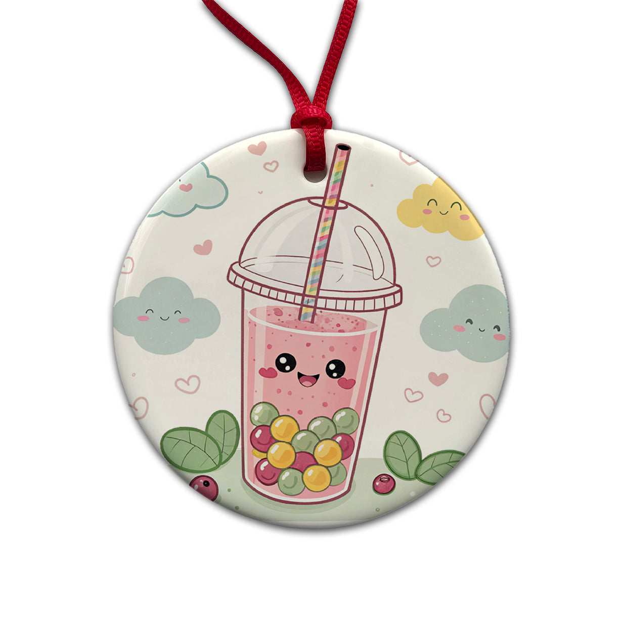 Kawaii Pink Boba Bubble Tea Round Ceramic Holiday Christmas Tree Ornament