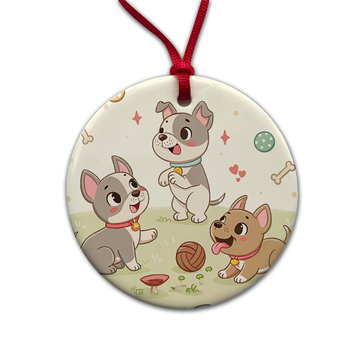 Kawaii Pitbulls Dogs Round Ceramic Holiday Christmas Tree Ornament