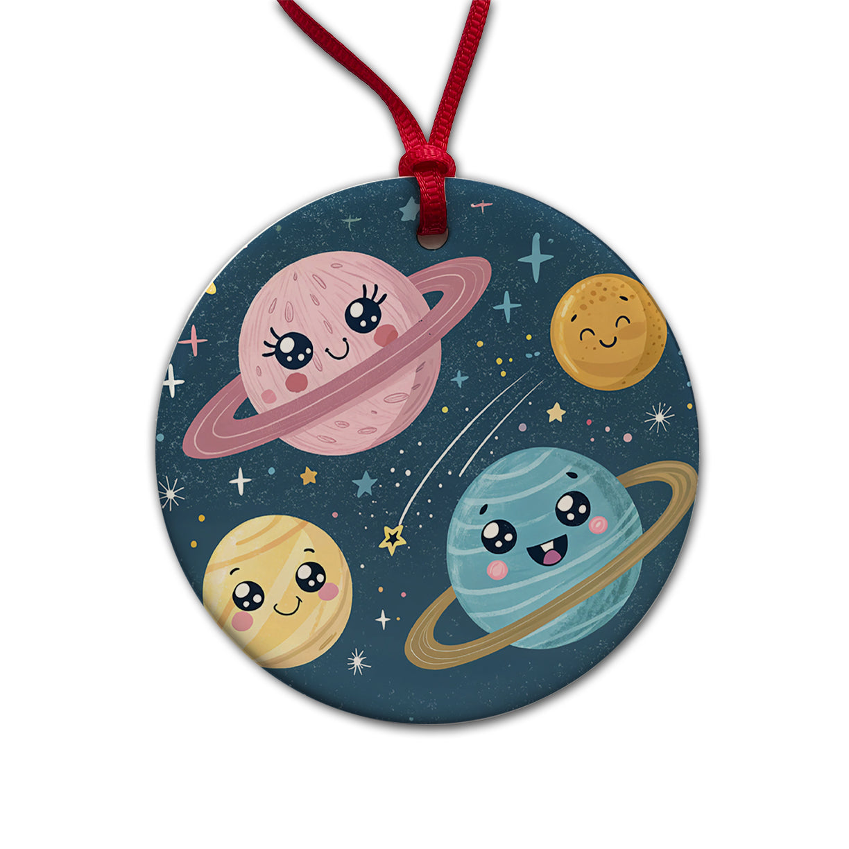Kawaii Planets Space Astronomy Round Ceramic Holiday Christmas Tree Ornament