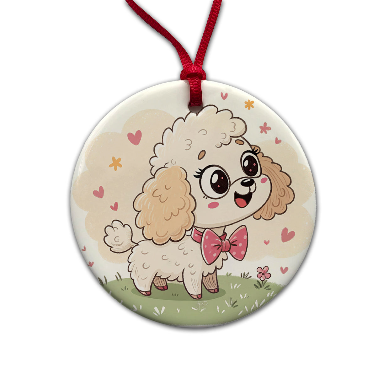 Kawaii Poodle Dog Round Ceramic Holiday Christmas Tree Ornament