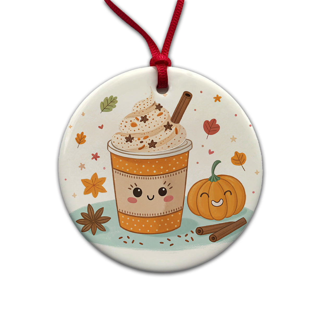 Kawaii Pumpkin Spice Latte Coffee Round Ceramic Holiday Christmas Tree Ornament