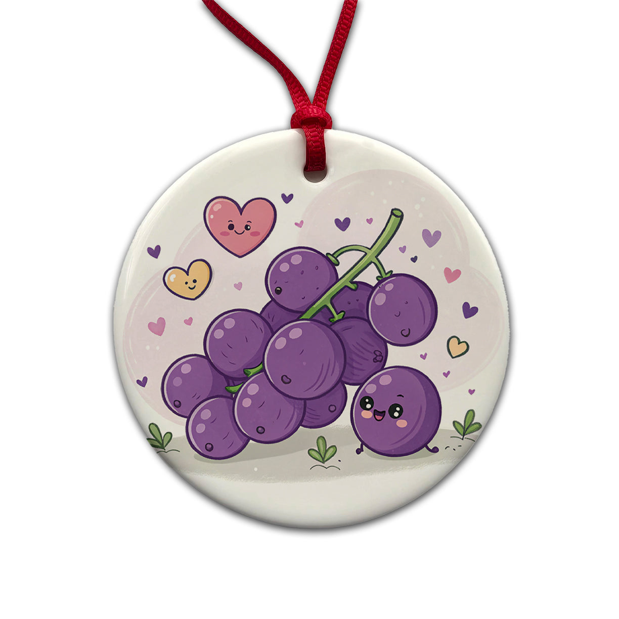 Kawaii Purple Grapes And Hearts Round Ceramic Holiday Christmas Tree Ornament