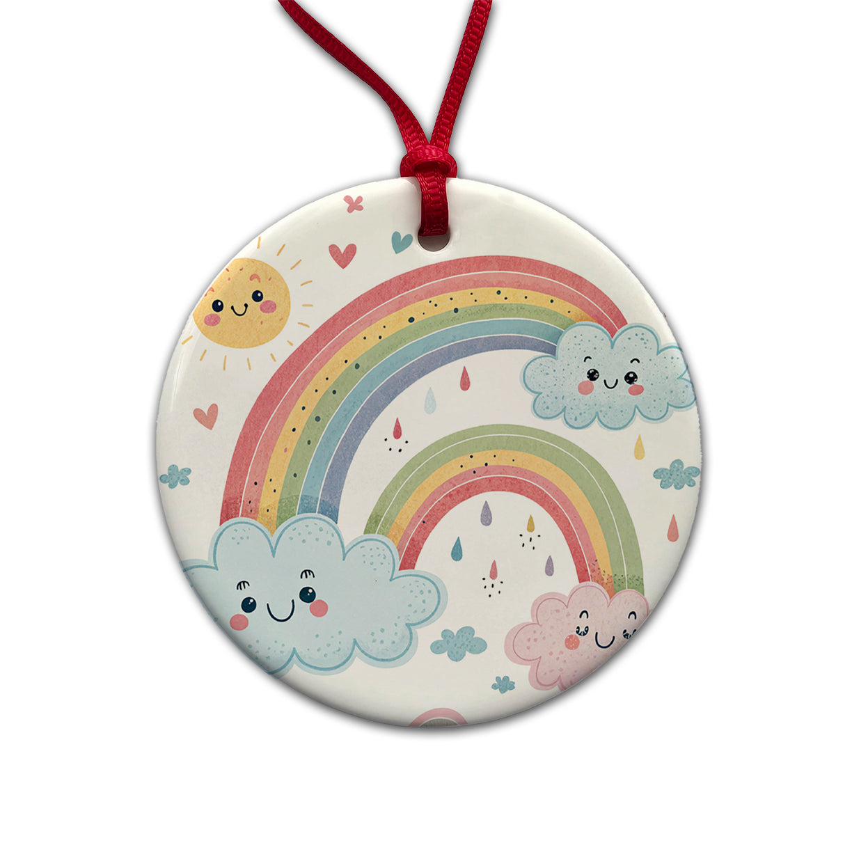 Kawaii Rainbows And Clouds Round Ceramic Holiday Christmas Tree Ornament
