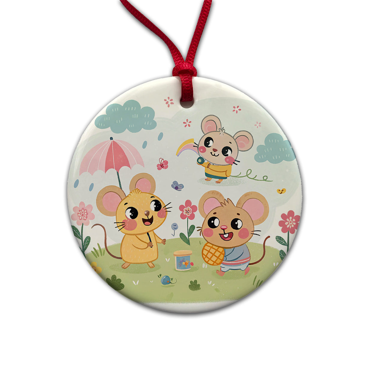 Kawaii Rats Round Ceramic Holiday Christmas Tree Ornament