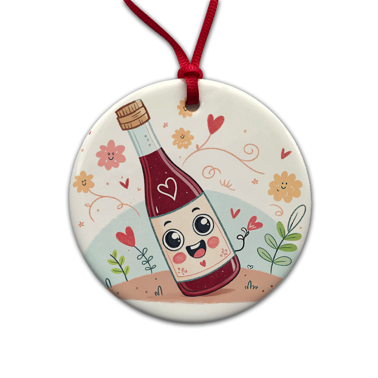 Kawaii Red Wine Alcohol Round Ceramic Holiday Christmas Tree Ornament
