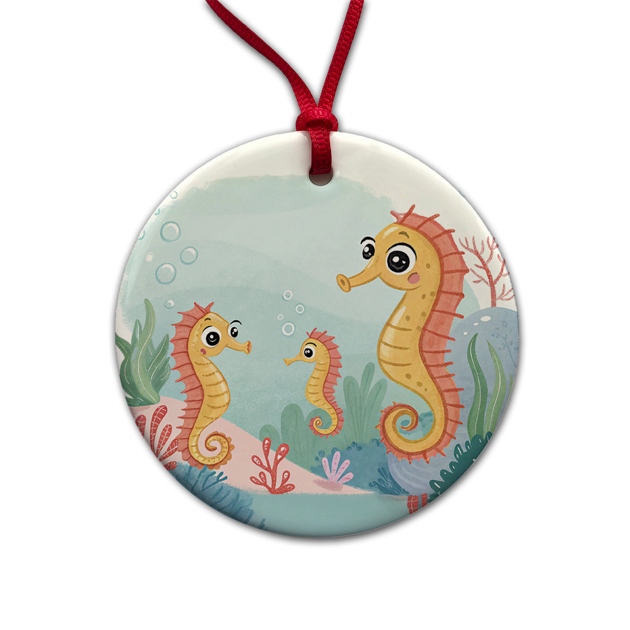 Kawaii Seahorses Round Ceramic Holiday Christmas Tree Ornament