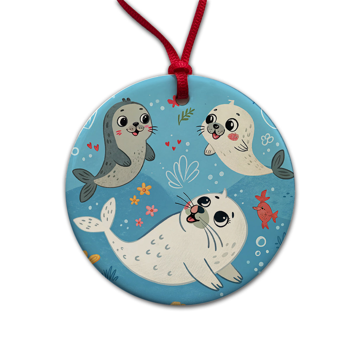 Kawaii Seals Round Ceramic Holiday Christmas Tree Ornament