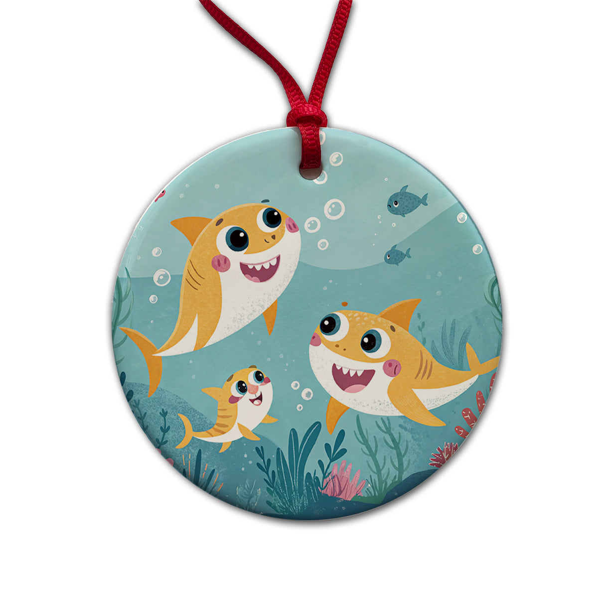 Kawaii Sharks Round Ceramic Holiday Christmas Tree Ornament