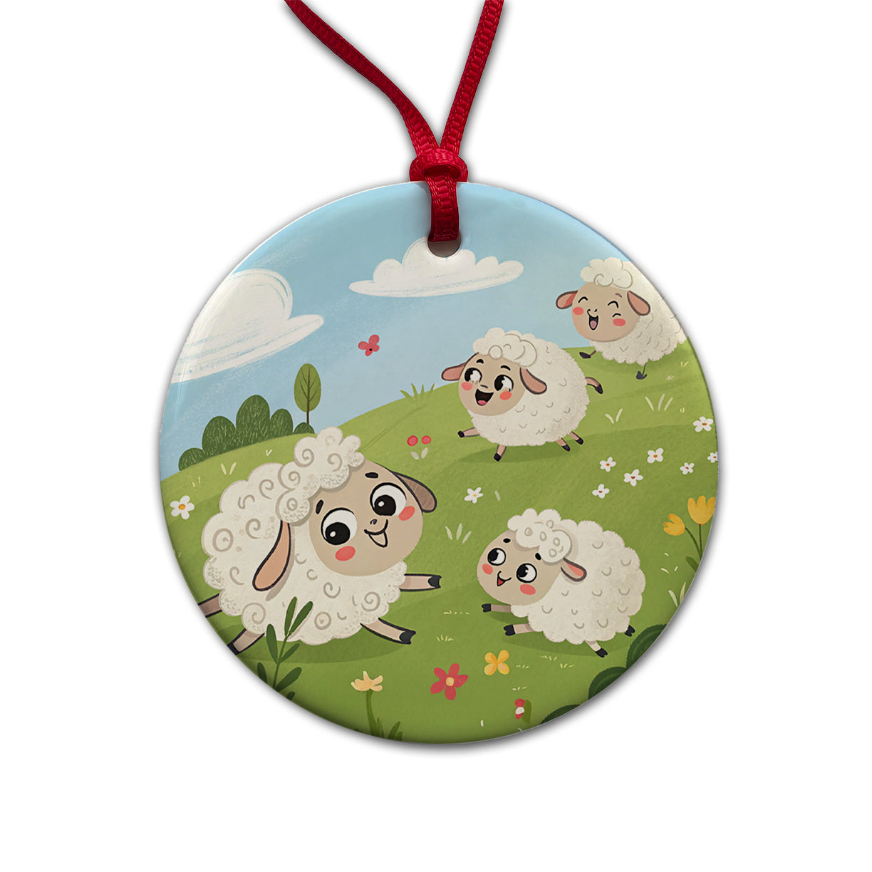Kawaii Sheep Round Ceramic Holiday Christmas Tree Ornament