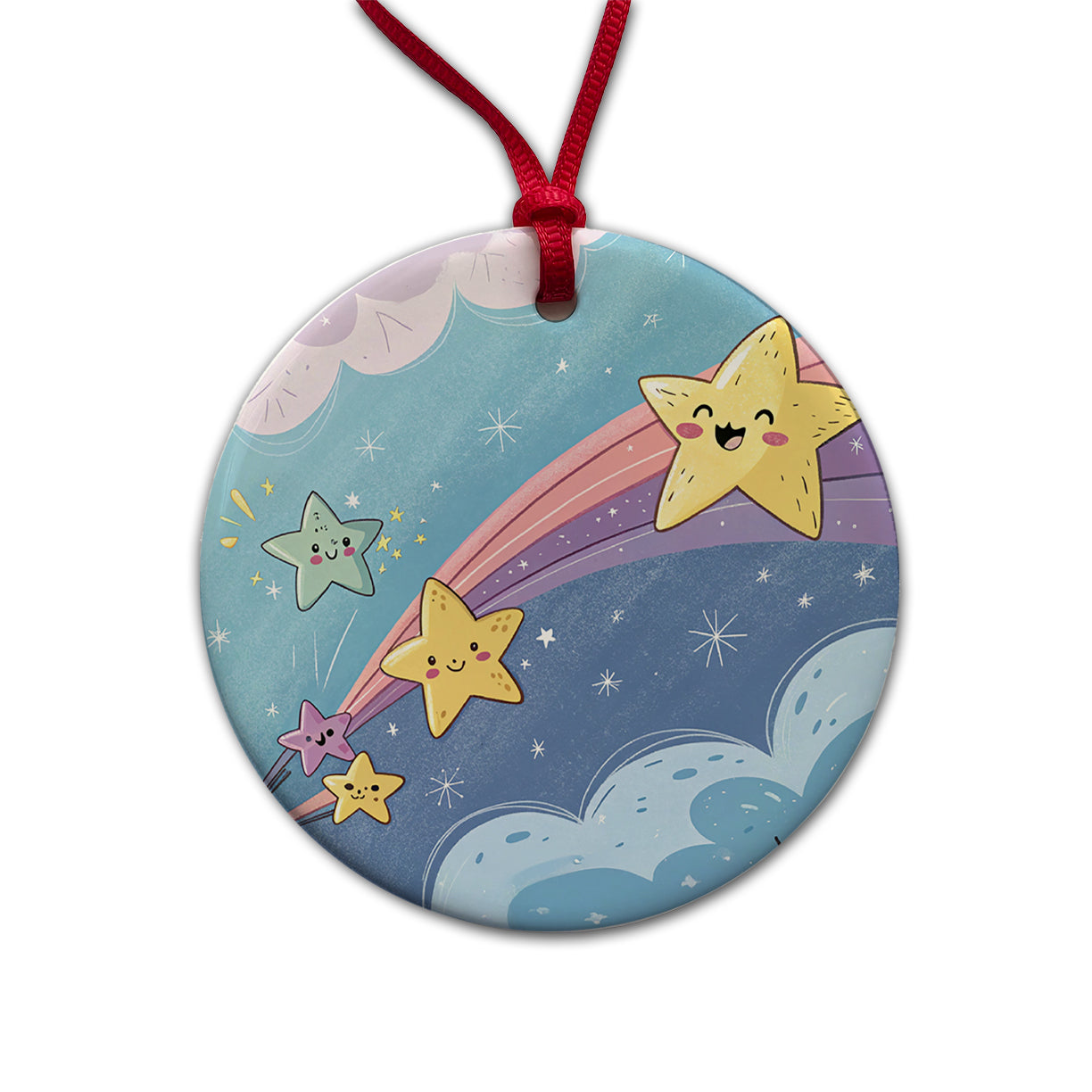 Kawaii Shooting Stars In Space Round Ceramic Holiday Christmas Tree Ornament