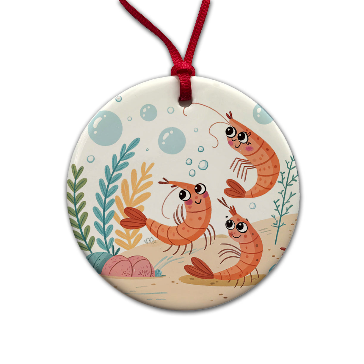 Kawaii Shrimp Round Ceramic Holiday Christmas Tree Ornament